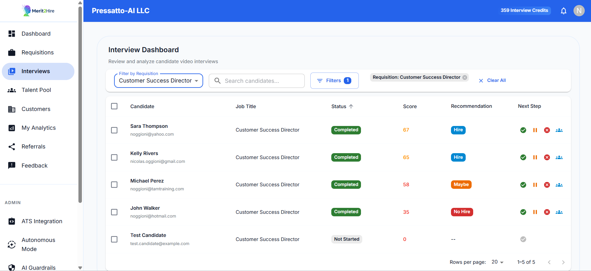 Recruiter dashboard with scores and candidate comparison