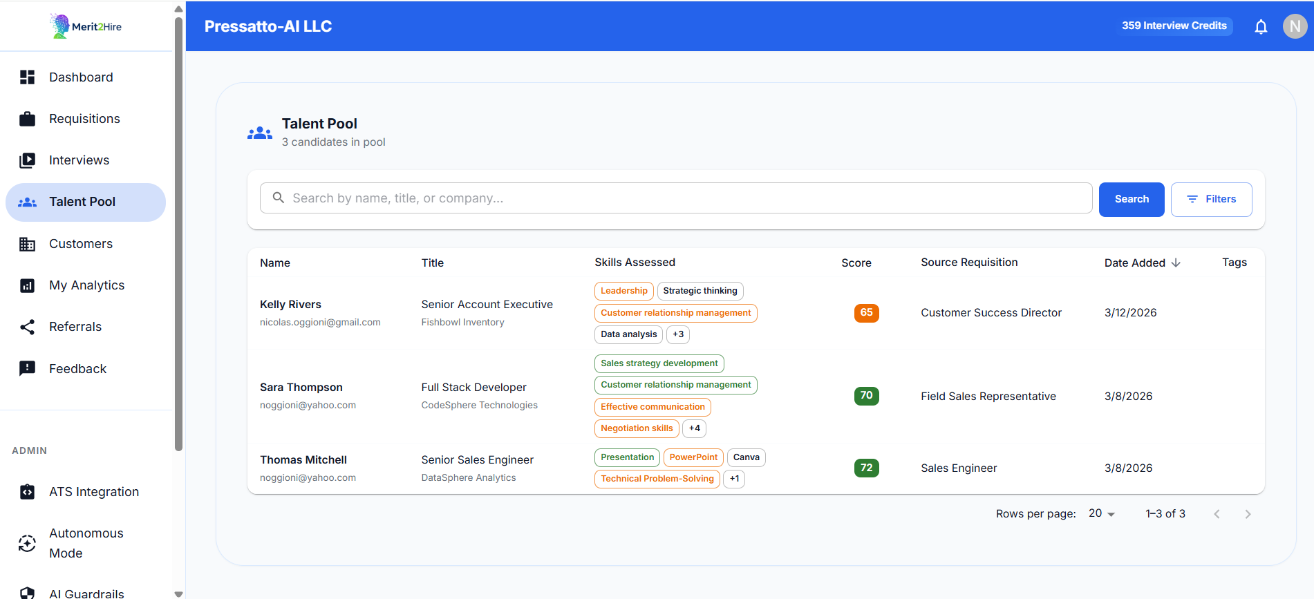Talent pool with saved candidates